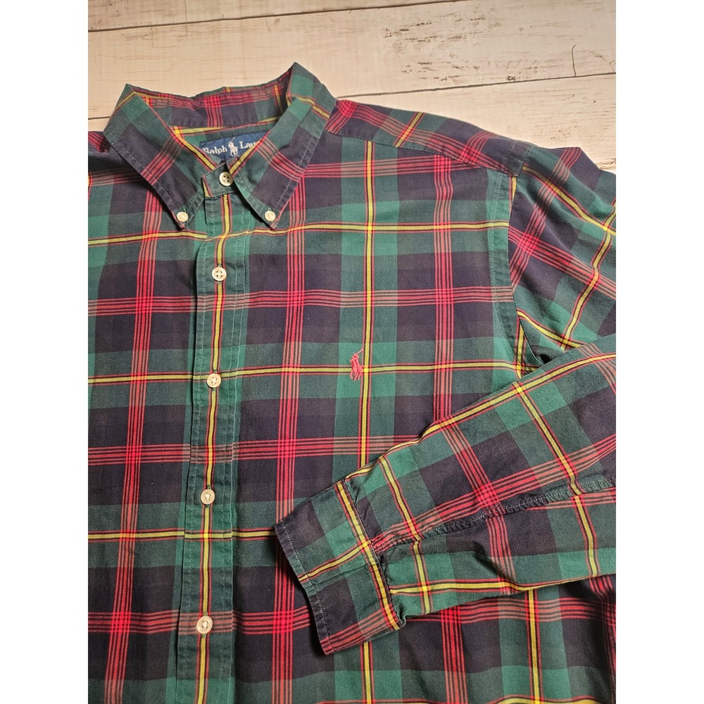 Ralph Lauren Mens XL Classic Fit Plaid Button Down Shirt Green Navy Red Yellow